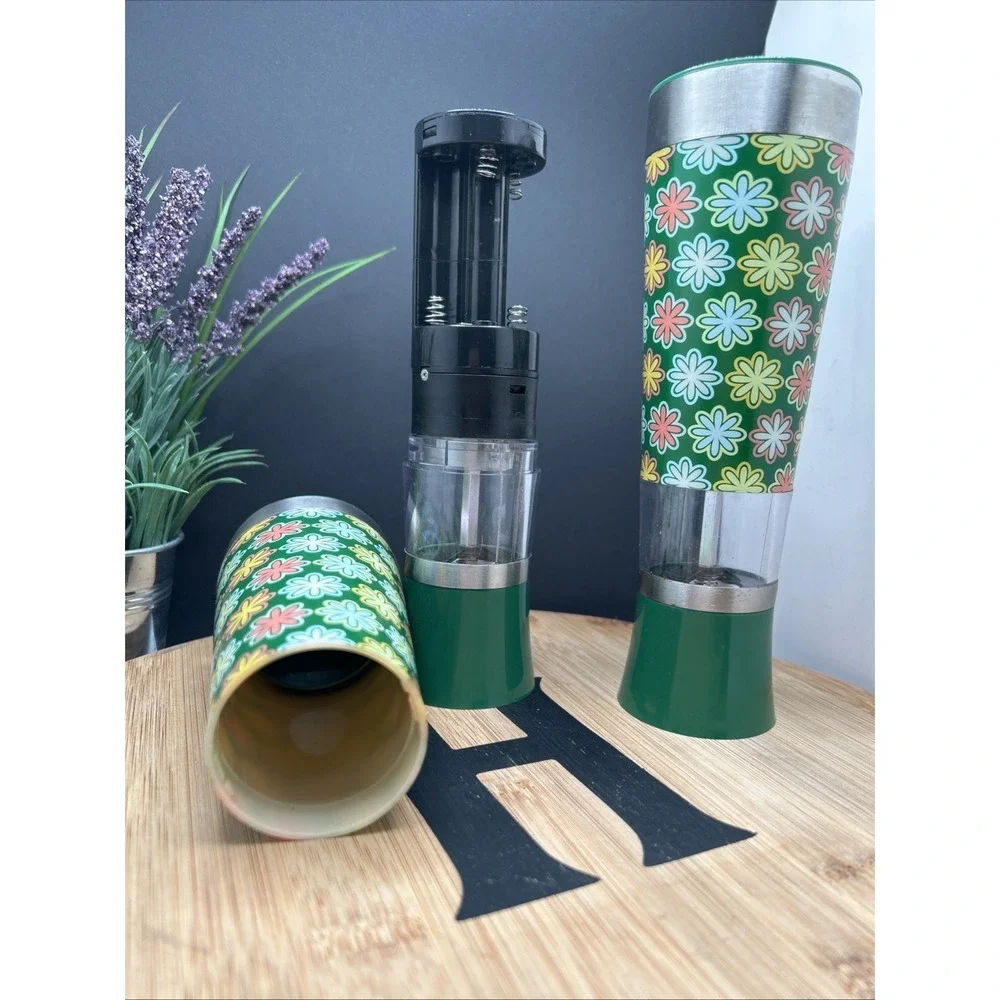 Salt &‎ Pepper Grinder Set Green Push Button Acrylic Stainless Battery Power